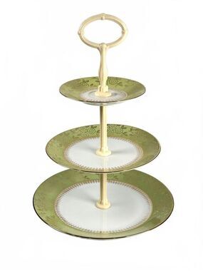 Vintage MZ Czechoslovakia 3-Tier Porcelain Cake Stand Green Gold Floral Rose